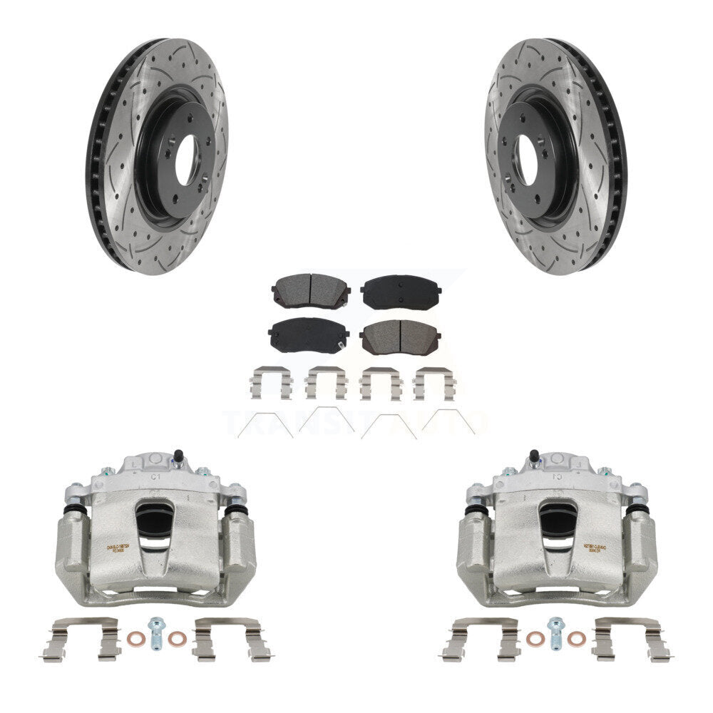 Front Brake Caliper Drill Slot Rotor Semi-Metallic Pad Kit For Hyundai Sonata Kia Optima KCD-100021S