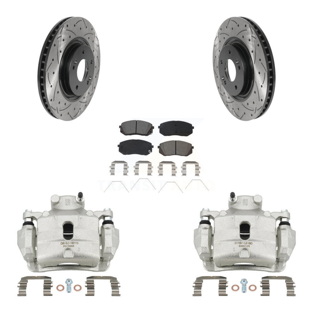 Front Brake Caliper Drill Slot Rotor Semi-Metallic Pad Kit For Hyundai Sonata Kia Optima KCD-100022S
