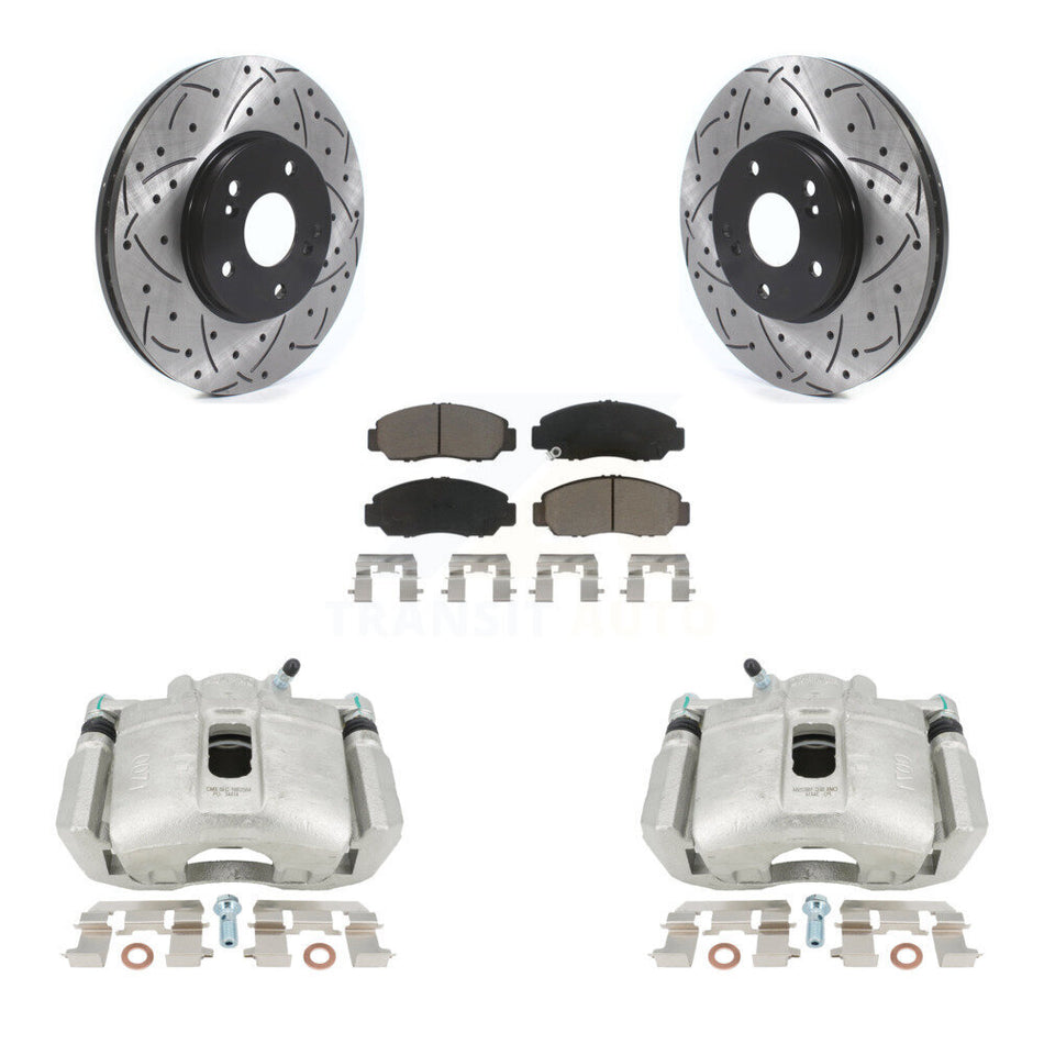 Front Disc Brake Coated Caliper Drilled Slotted Rotors And Ceramic Pads Kit For 2005-2007 Honda Accord Sedan with 3.0L GAS engine Manual transmission KCD-100024C