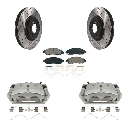Front Brake Caliper Drill Slotted Rotors Semi-Metallic Pad Kit For 2009-2015 Honda Pilot KCD-100025S