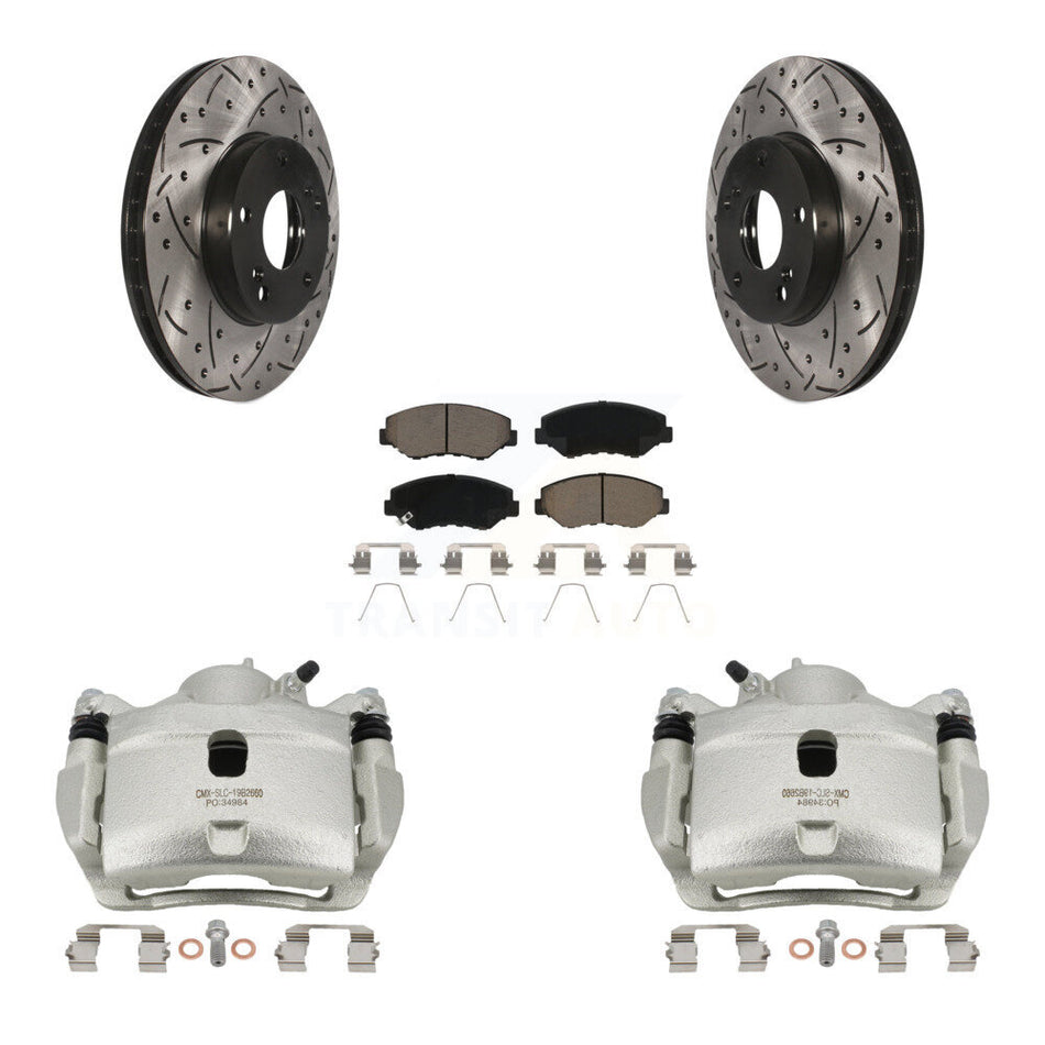 Front Brake Caliper Drill Slotted Rotor Ceramic Pad Kit For Honda Civic Accord Fit Acura KCD-100027C