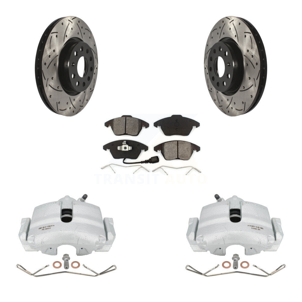 Front Disc Brake Coated Caliper Drilled Slotted Rotors And Semi-Metallic Pads Kit For Volkswagen Jetta Audi A3 Golf KCD-100027S by Transit Auto