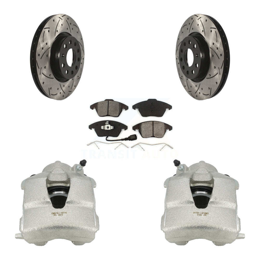 Front Disc Brake Coated Caliper Drilled Slotted Rotors And Semi-Metallic Pads Kit For Volkswagen Jetta KCD-100028S by Transit Auto