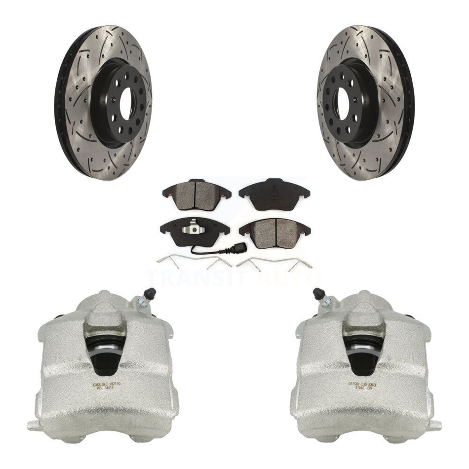 Front Disc Brake Coated Caliper Drilled Slotted Rotors And Semi-Metallic Pads Kit For Volkswagen Jetta KCD-100028S