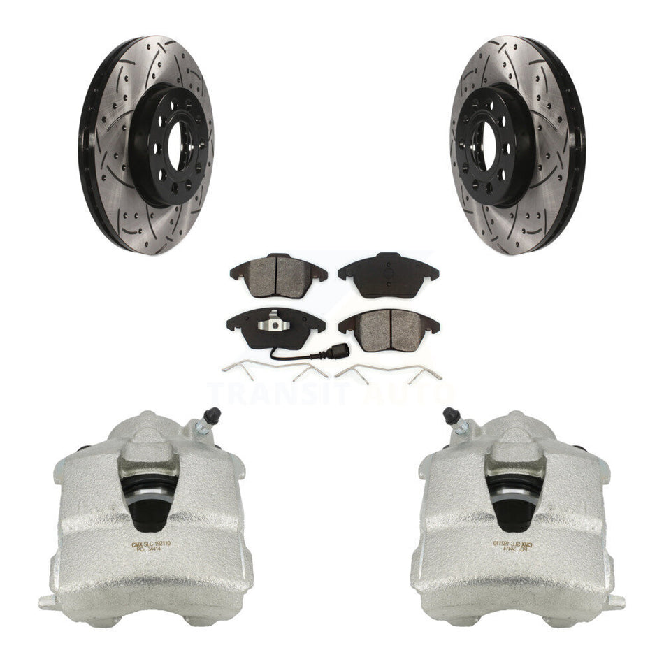 Front Disc Brake Coated Caliper Drilled Slotted Rotors And Semi-Metallic Pads Kit For Volkswagen Jetta KCD-100029S