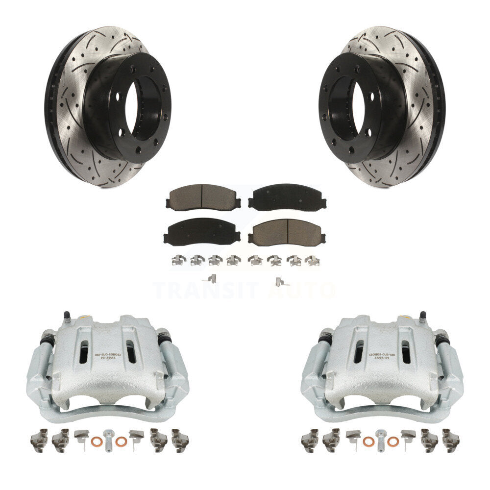 Front Disc Brake Coated Caliper Drilled Slotted Rotors And Ceramic Pads Kit For Ford F-350 Super Duty F-250 4WD KCD-100030C by Transit Auto