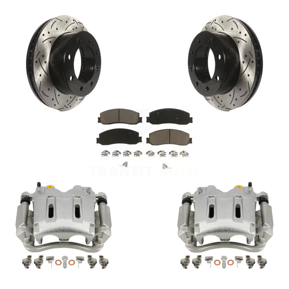 Front Disc Brake Coated Caliper Drilled Slotted Rotors And Ceramic Pads Kit For Ford F-350 Super Duty F-250 4WD KCD-100030C