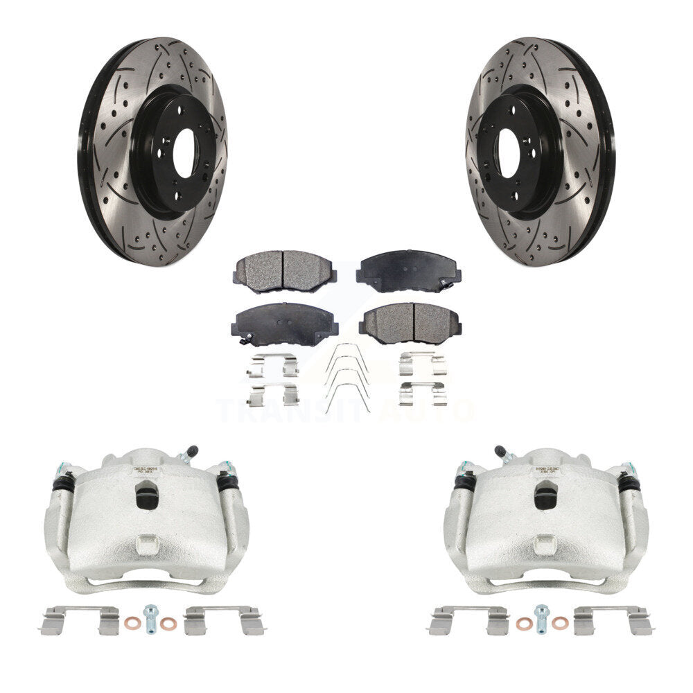 Front Brake Caliper Drill Slotted Rotors Semi-Metallic Pad Kit For Honda Civic Acura ILX KCD-100034P