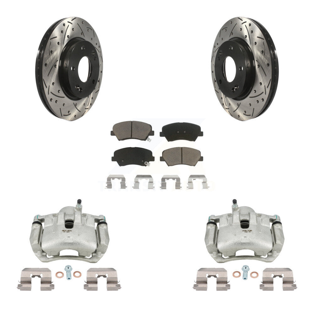 Front Brake Caliper Drill Slotted Rotor Ceramic Pad Kit For Hyundai Elantra GT Kia Forte KCD-100036C