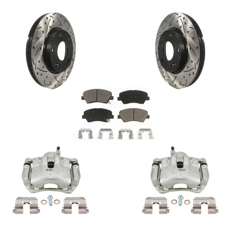 Front Brake Caliper Drill Slotted Rotor Ceramic Pad Kit For Hyundai Elantra GT Kia Forte KCD-100036C