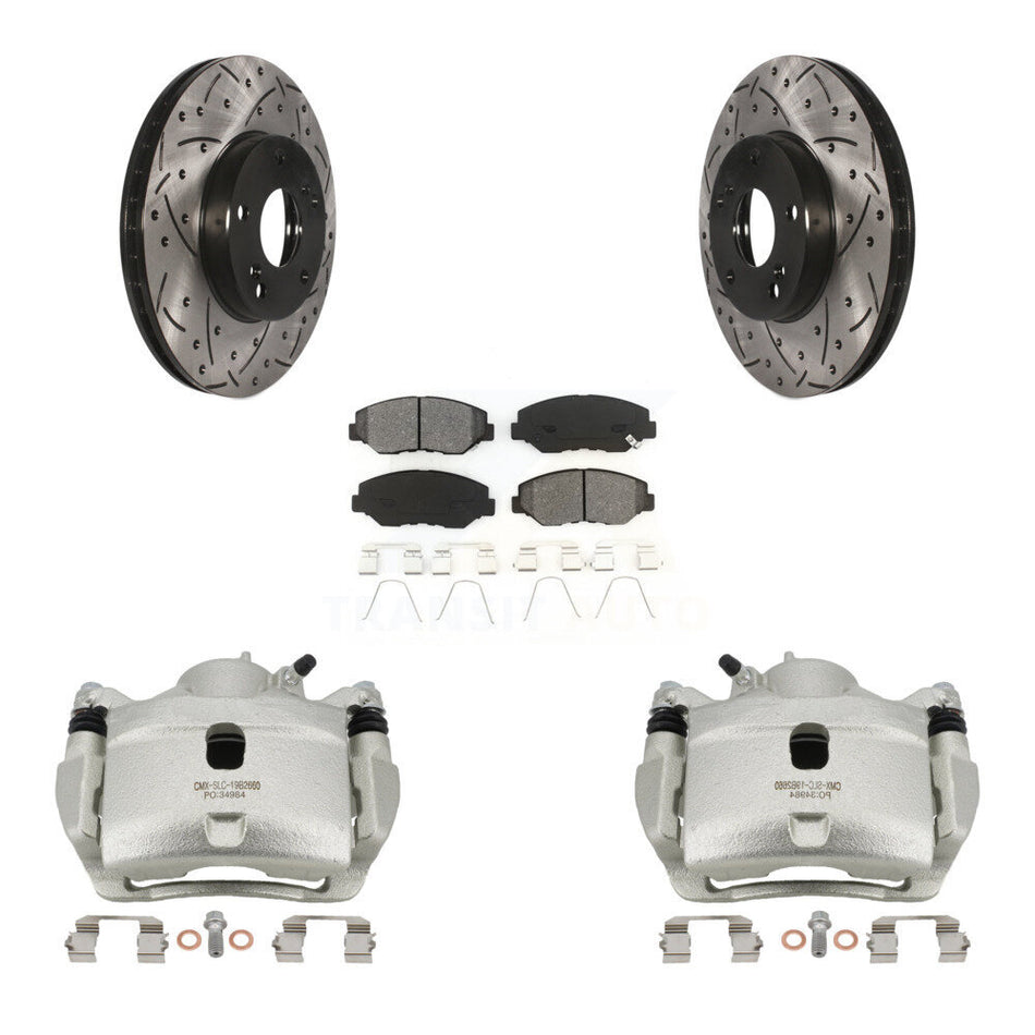 Front Brake Caliper Drill Slotted Rotor Semi-Metallic Pad Kit For Honda Civic Accord Fit KCD-100036S