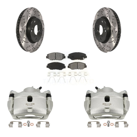 Front Disc Brake Coated Caliper Drilled Slot Rotor Semi-Metallic Pad Kit For Honda Civic KCD-100037S