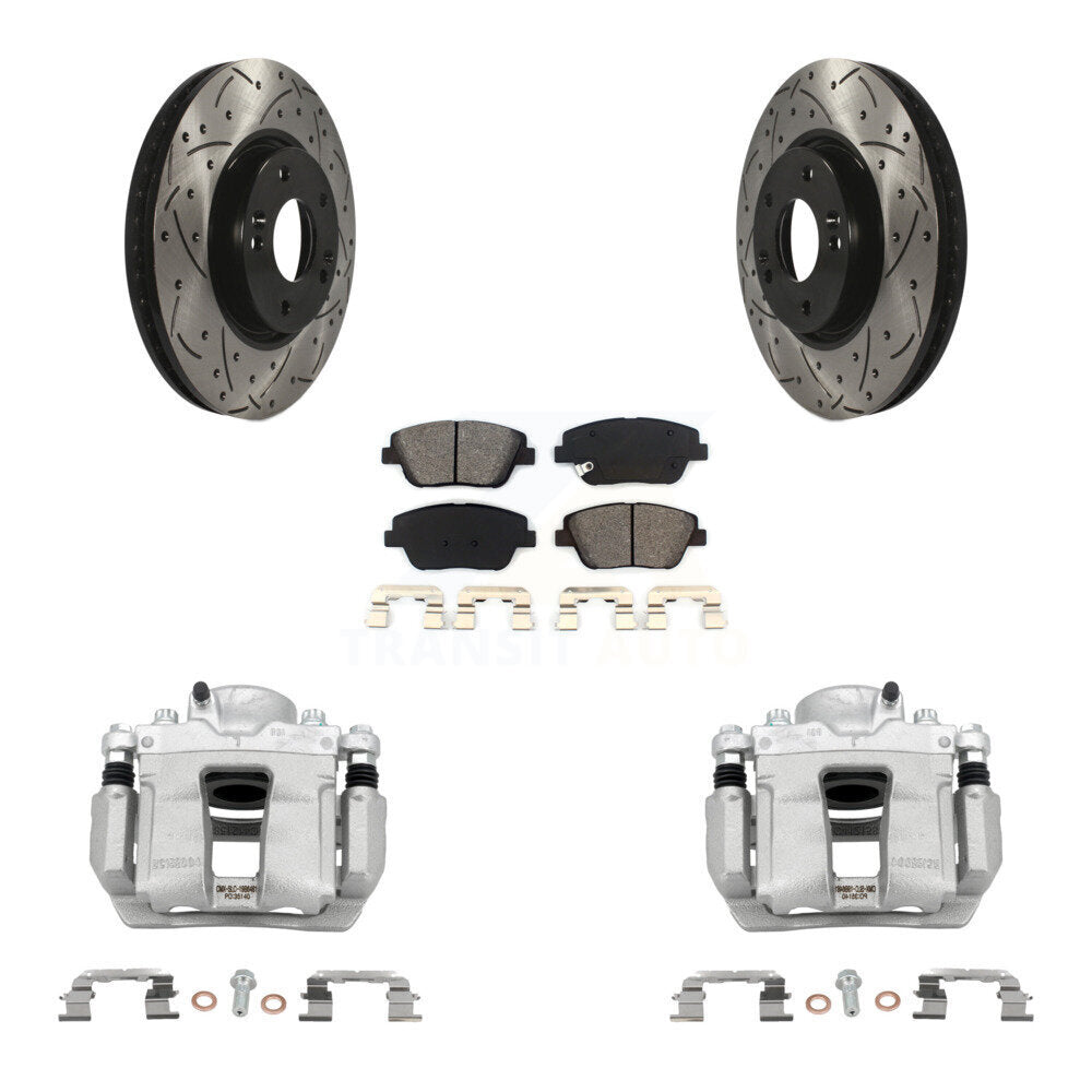 Front Brake Caliper Drill Slot Rotor Semi-Metallic Pad Kit For Hyundai Sonata Kia Optima KCD-100038S