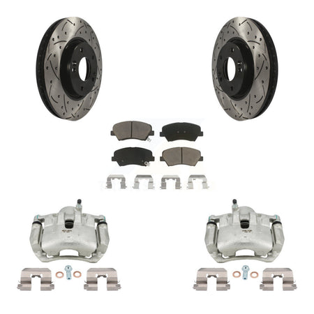 Front Disc Brake Coated Caliper Drilled Slotted Rotors And Ceramic Pad Kit For Kia Forte KCD-100039C