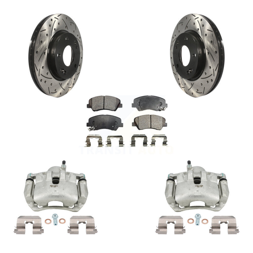 Front Brake Caliper Drill Slotted Rotor Semi-Metallic Pad Kit For Hyundai Elantra GT Kia KCD-100042P
