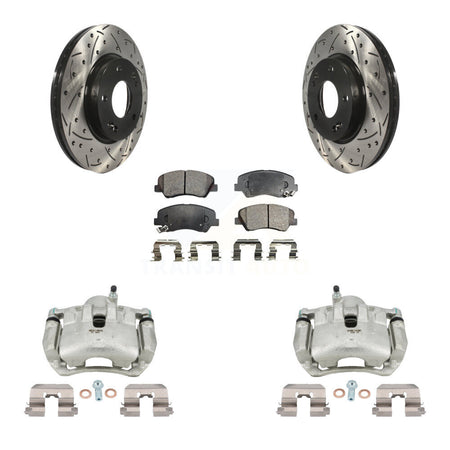 Front Brake Caliper Drill Slotted Rotor Semi-Metallic Pad Kit For Hyundai Elantra GT Kia KCD-100042P
