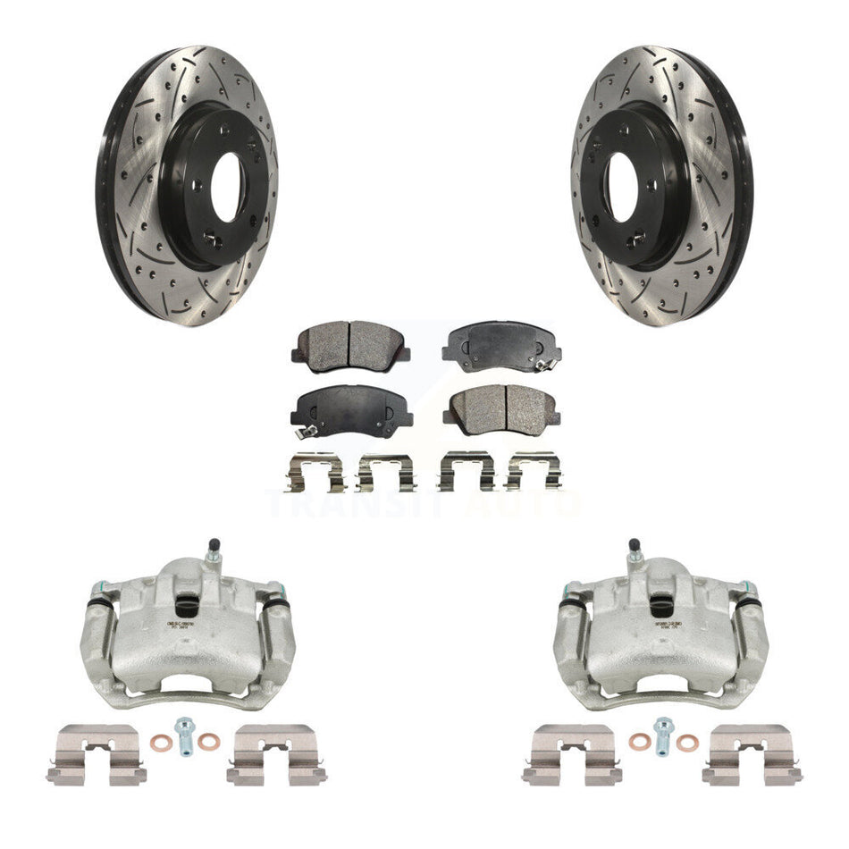 Front Brake Caliper Drill Slotted Rotor Semi-Metallic Pad Kit For Hyundai Elantra GT Kia KCD-100042P