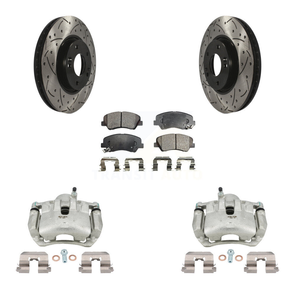 Front Disc Brake Coated Caliper Drill Slotted Rotors Semi-Metallic Pad Kit For Kia Forte KCD-100044P