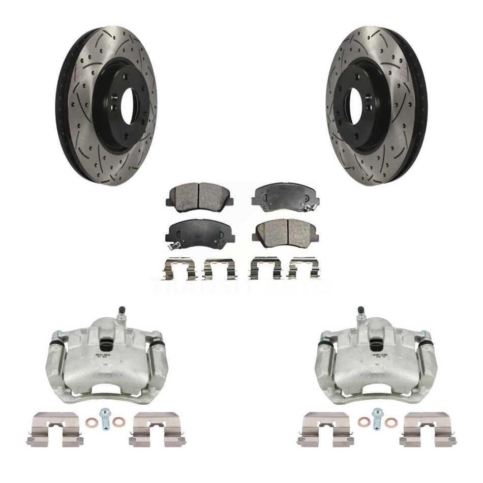 Front Disc Brake Coated Caliper Drill Slotted Rotors Semi-Metallic Pad Kit For Kia Forte KCD-100044P