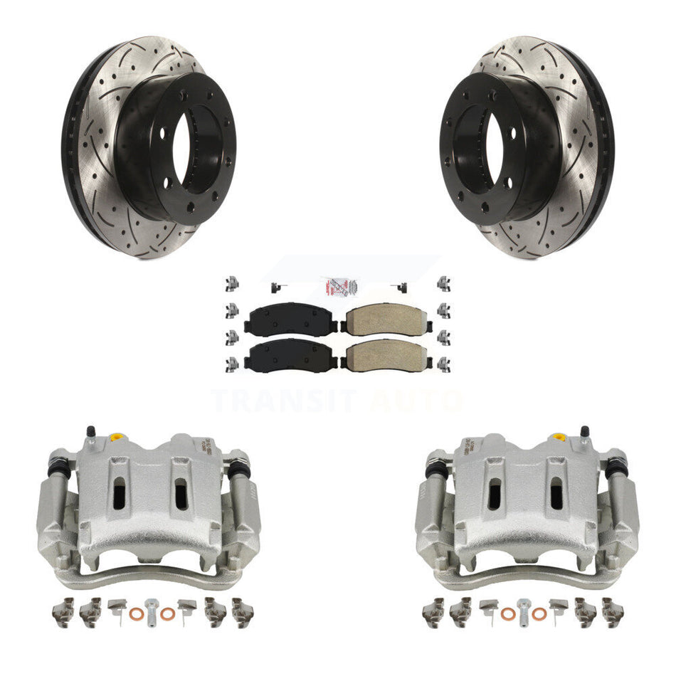 Front Disc Brake Coated Caliper Drilled Slotted Rotors And Semi-Metallic Pads Kit For Ford F-250 Super Duty F-350 With Single Rear Wheels 4WD KCD-100045N
