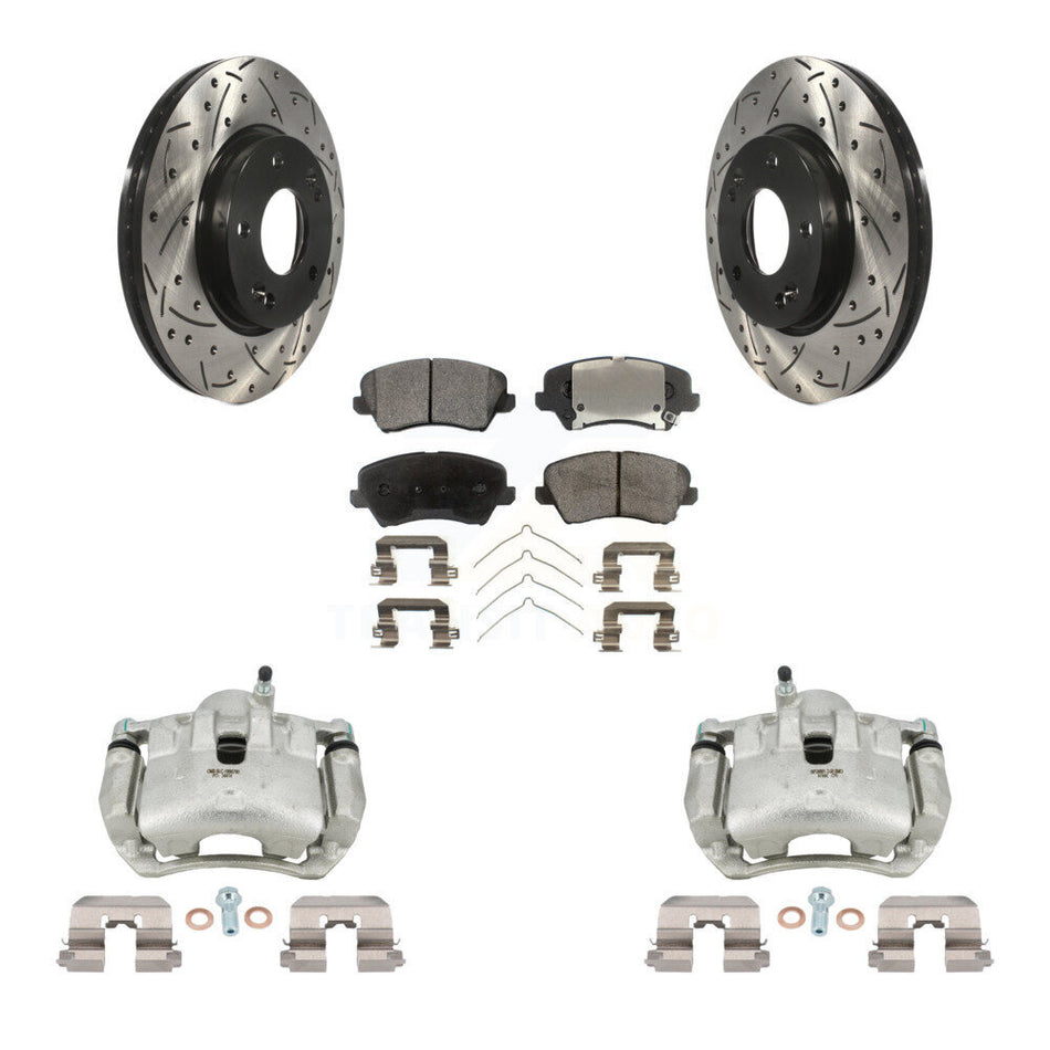 Front Brake Caliper Drill Slot Rotor Semi-Metallic Pad Kit For Kia Forte Hyundai Elantra KCD-100045P