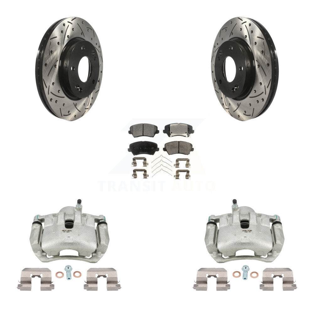 Front Brake Caliper Drill Slotted Rotor Ceramic Pad Kit For Kia Forte Hyundai Elantra GT KCD-100045T