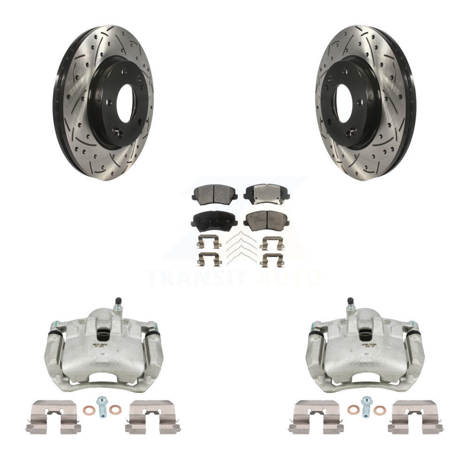 Front Brake Caliper Drill Slotted Rotor Ceramic Pad Kit For Kia Forte Hyundai Elantra GT KCD-100045T