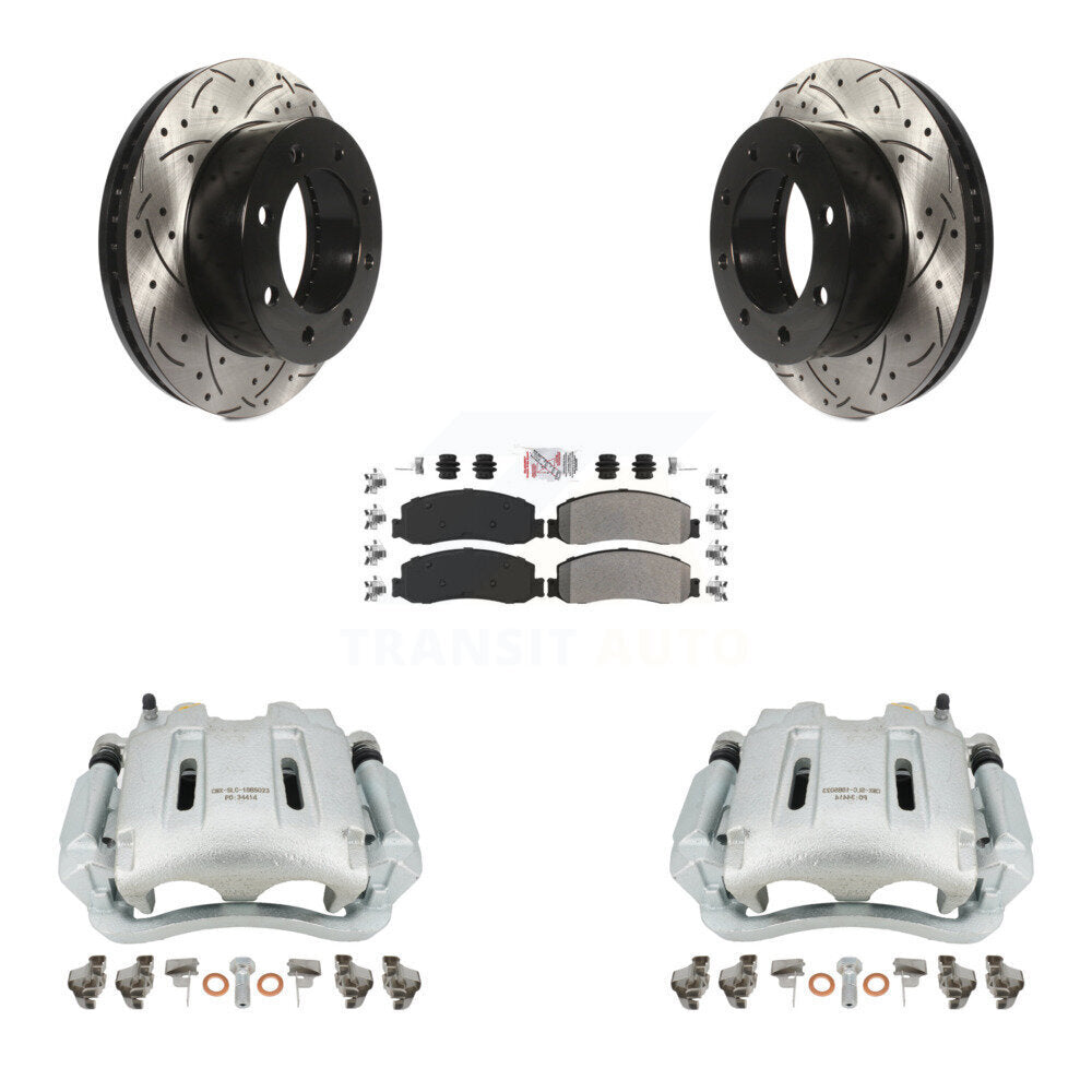 Front Disc Brake Coated Caliper Drilled Slotted Rotors And Semi-Metallic Pads Kit For Ford F-250 Super Duty F-350 With Single Rear Wheels 4WD KCD-100046N by Transit Auto