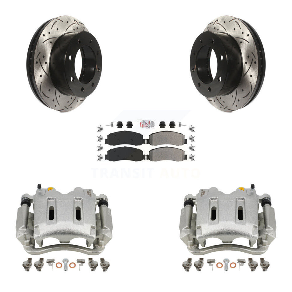 Front Disc Brake Coated Caliper Drilled Slotted Rotors And Semi-Metallic Pads Kit For Ford F-250 Super Duty F-350 With Single Rear Wheels 4WD KCD-100046N