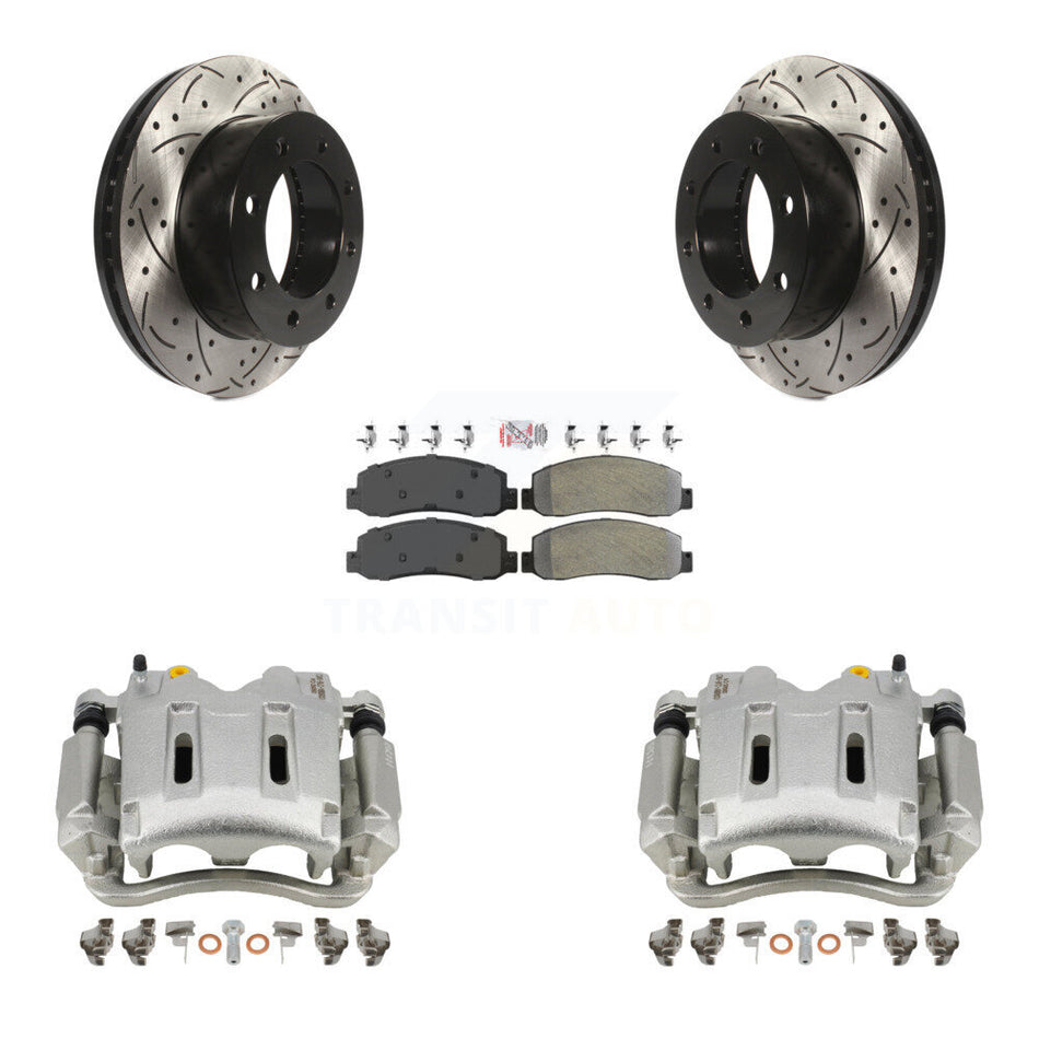 Front Disc Brake Coated Caliper Drilled Slotted Rotors And Semi-Metallic Pads Kit For Ford F-250 Super Duty F-350 KCD-100048N