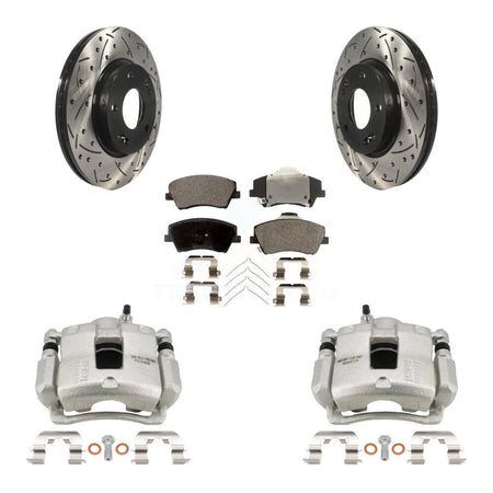 Front Brake Coated Caliper Drill Slotted Rotor Semi-Metallic Pad Kit For Hyundai Elantra KCD-100048P