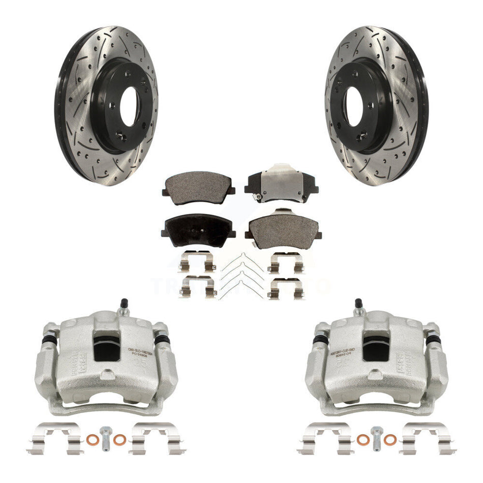 Front Brake Coated Caliper Drill Slotted Rotor Semi-Metallic Pad Kit For Hyundai Elantra KCD-100048P