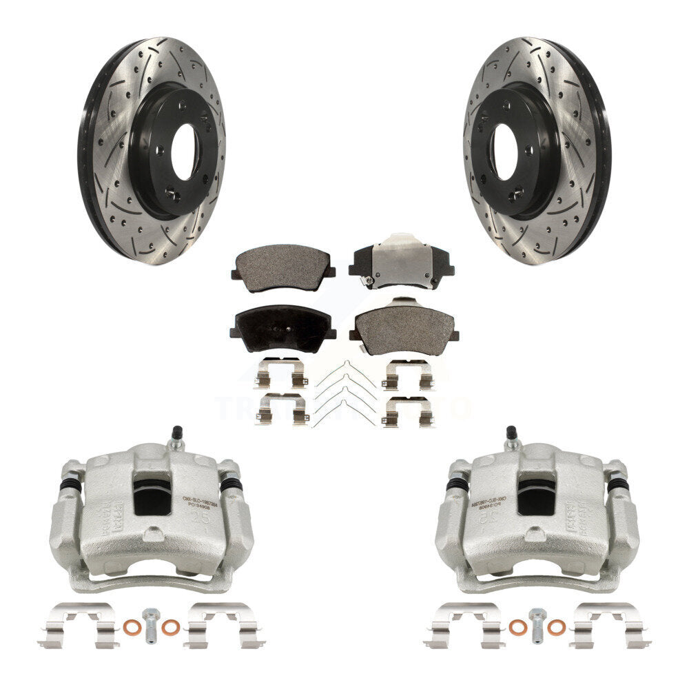 Front Disc Brake Coated Caliper Drill Slotted Rotors Ceramic Pad Kit For Hyundai Elantra KCD-100048T