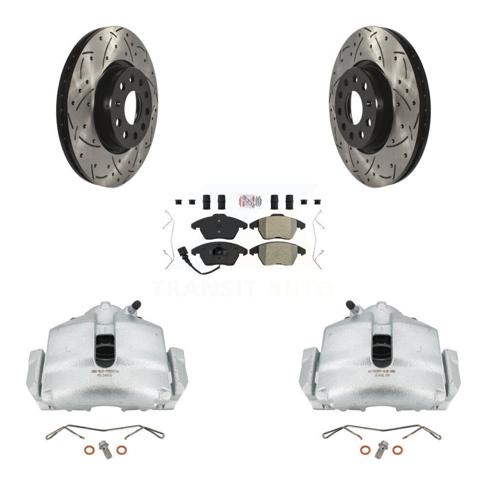 Front Disc Brake Coated Caliper Drilled Slotted Rotors And Semi-Metallic Pads Kit For Volkswagen Jetta Beetle CC Passat GTI Eos Audi A3 TT Quattro KCD-100055N