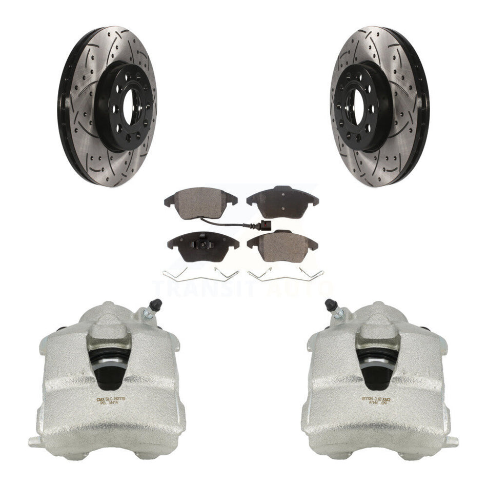 Front Disc Brake Coated Caliper Drilled Slotted Rotors And Semi-Metallic Pads Kit For Volkswagen Jetta KCD-100057P