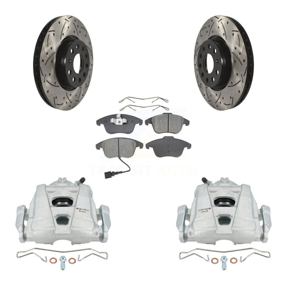 Front Disc Brake Coated Caliper Drilled Slotted Rotors And Semi-Metallic Pads Kit For Volkswagen Passat Tiguan Audi Q3 Quattro Limited KCD-100058S