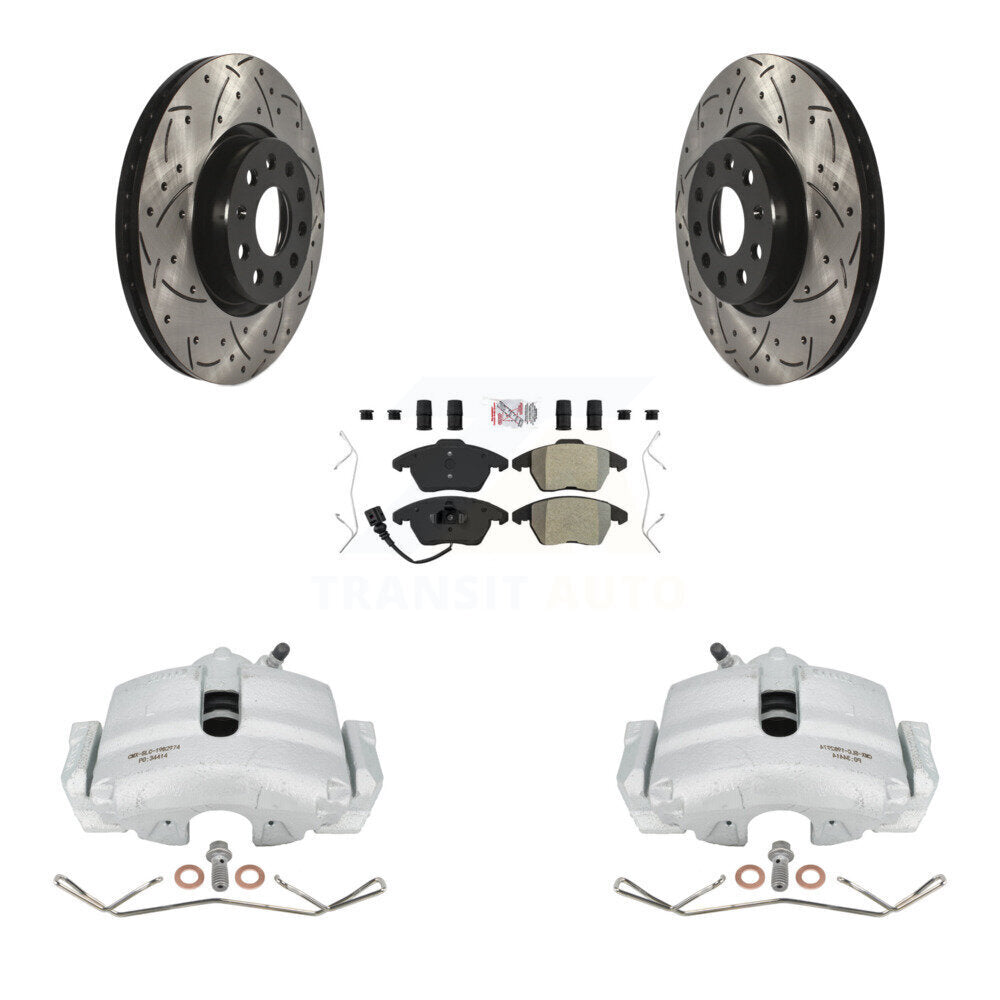 Front Disc Brake Coated Caliper Drilled Slotted Rotors And Semi-Metallic Pads Kit For Volkswagen Jetta Audi A3 Golf KCD-100059N by Transit Auto