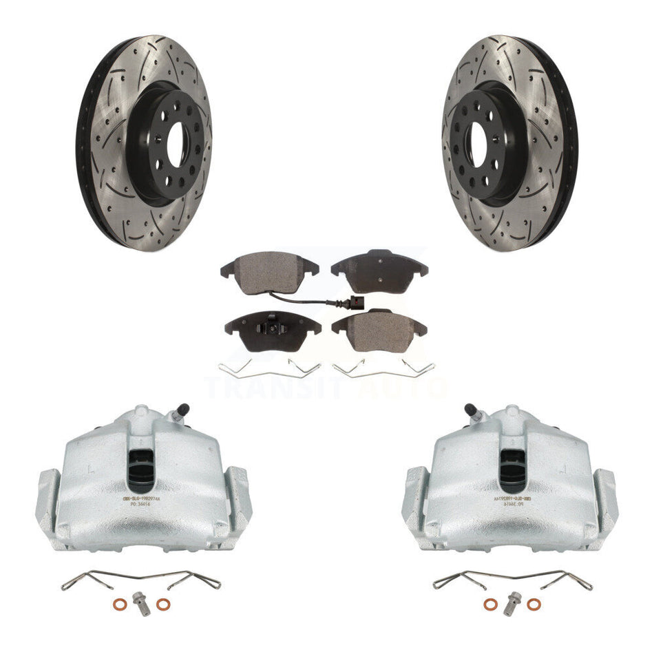 Front Disc Brake Coated Caliper Drilled Slotted Rotors And Semi-Metallic Pads Kit For Volkswagen Jetta Beetle CC Passat GTI Eos Audi A3 TT Quattro KCD-100059P