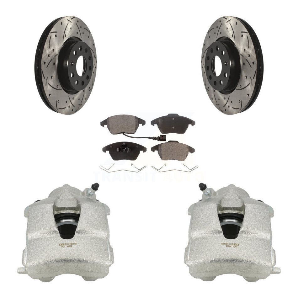 Front Disc Brake Coated Caliper Drilled Slotted Rotors And Semi-Metallic Pads Kit For Volkswagen Jetta KCD-100060P