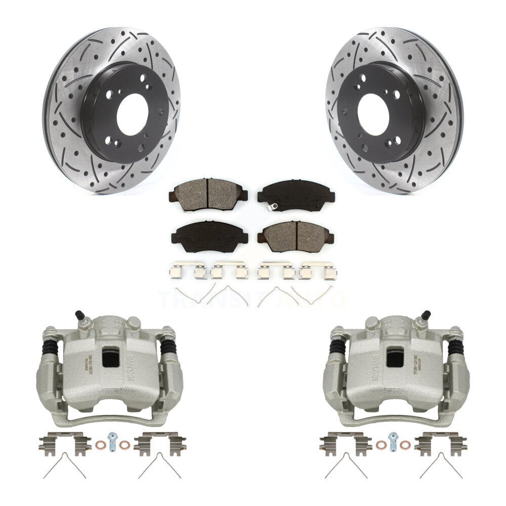 Front Brake Caliper Drill Slotted Rotors Semi-Metallic Pad Kit For Honda Civic Acura RSX KCD-100060S
