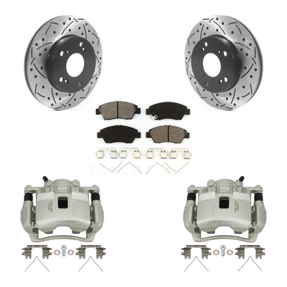 Front Brake Caliper Drill Slotted Rotors Semi-Metallic Pad Kit For Honda Civic Acura RSX KCD-100060S