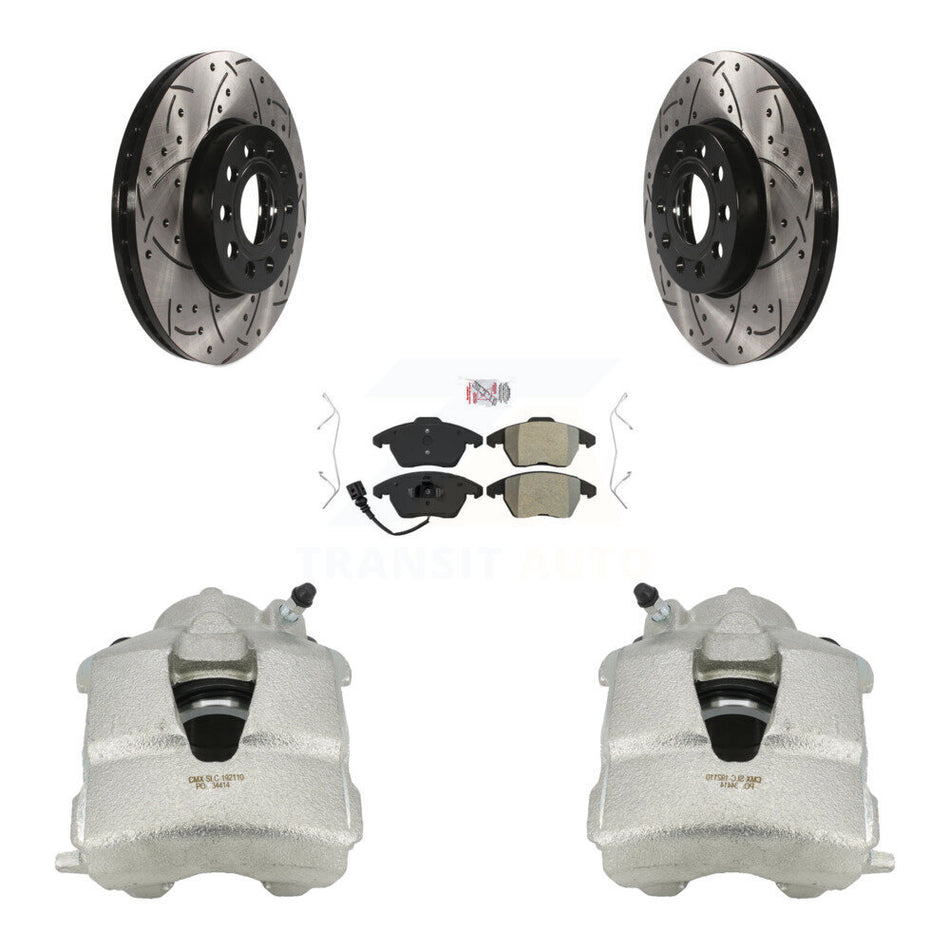 Front Disc Brake Coated Caliper Drilled Slotted Rotors And Semi-Metallic Pads Kit For Volkswagen Jetta KCD-100062N