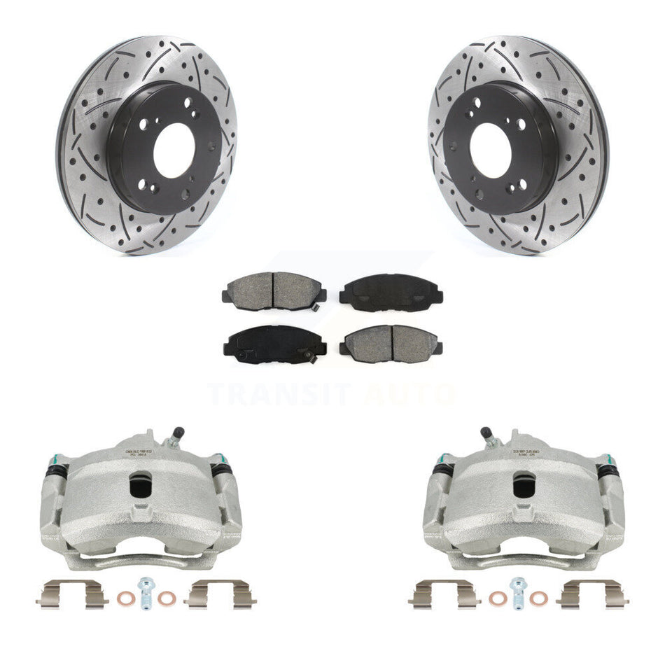 Front Disc Brake Coated Caliper Drilled Slotted Rotors And Semi-Metallic Pads Kit For Honda Civic KCD-100062S by Transit Auto