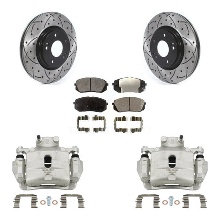 Front Brake Coated Caliper Drill Slotted Rotors Semi-Metallic Pad Kit For Hyundai Sonata KCD-100063P