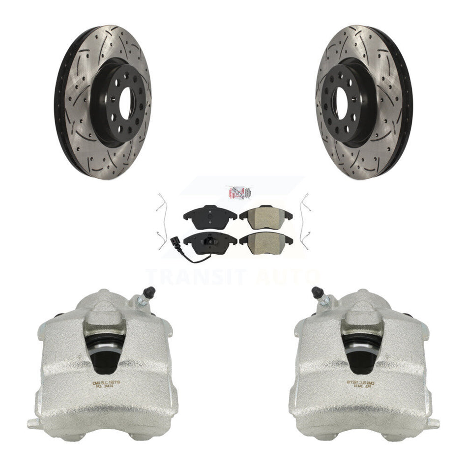 Front Disc Brake Coated Caliper Drilled Slotted Rotors And Semi-Metallic Pads Kit For Volkswagen Jetta KCD-100064N by Transit Auto