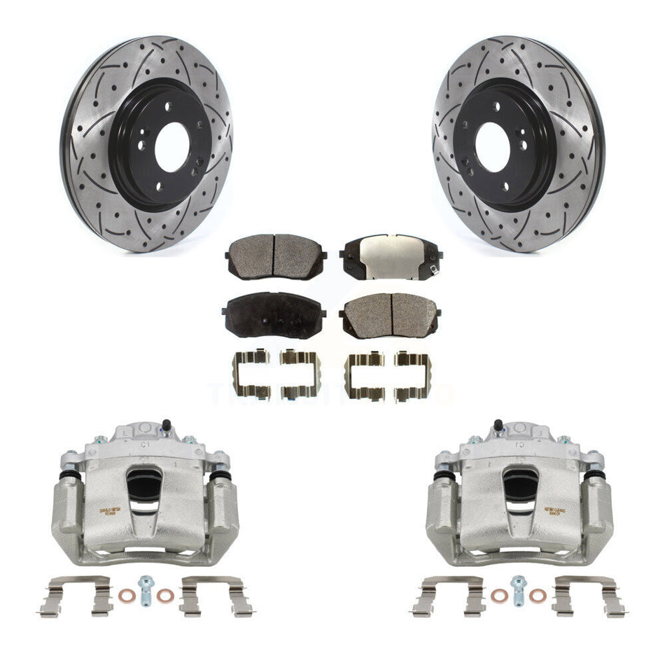 Front Brake Coated Caliper Drill Slotted Rotors Semi-Metallic Pad Kit For Hyundai Sonata KCD-100065P