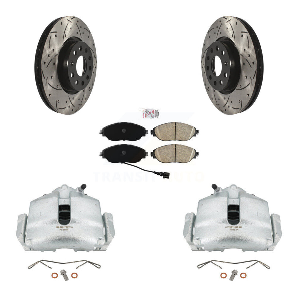 Front Disc Brake Coated Caliper Drilled Slotted Rotors And Ceramic Pads Kit For 2017 Volkswagen CC FWD 4 Motion KCD-100069N