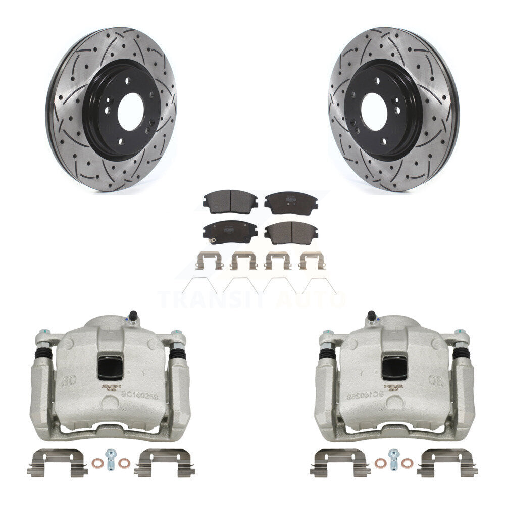 Front Brake Coated Caliper Drill Slot Rotor Semi-Metallic Pad Kit For Hyundai Tucson Kia KCD-100069P