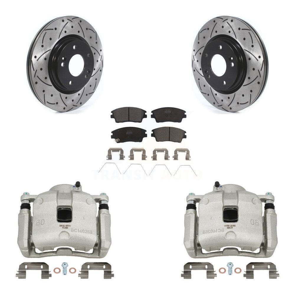 Front Brake Caliper Drill Slotted Rotors Ceramic Pad Kit For Hyundai Tucson Kia Sportage KCD-100069T