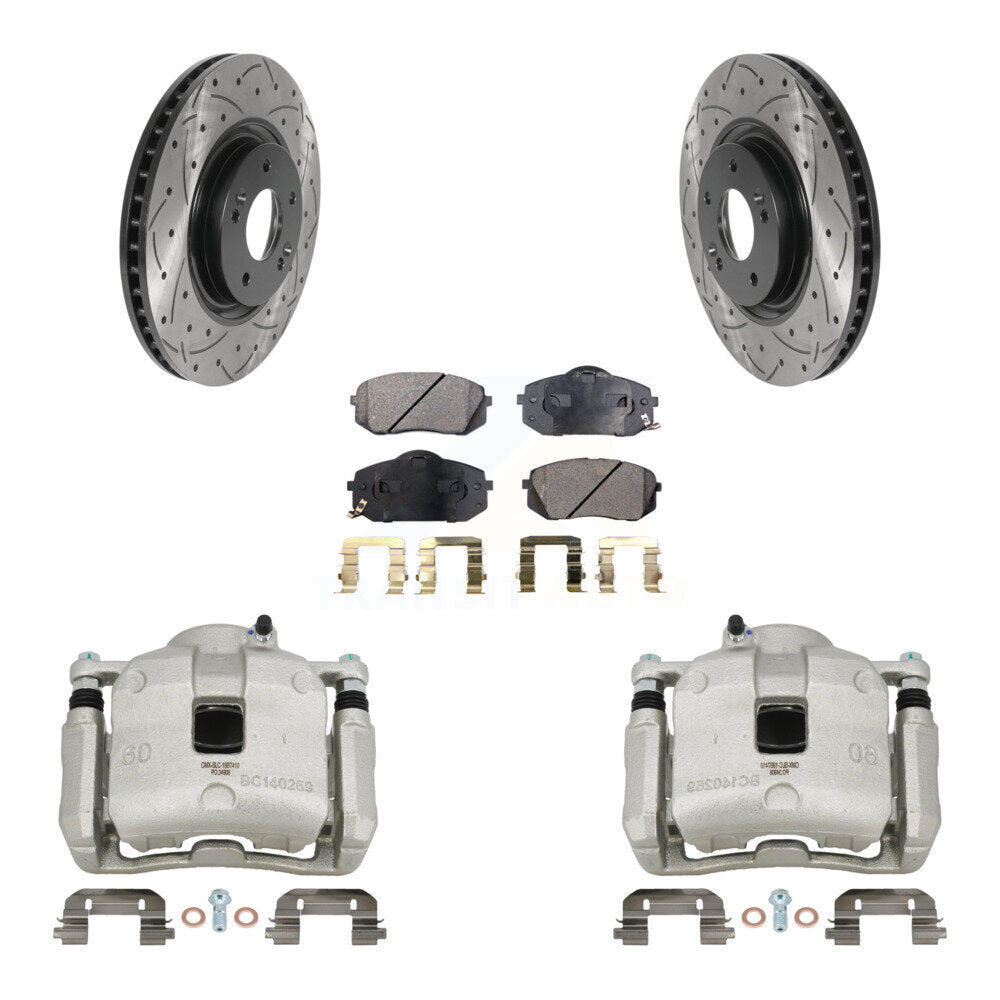 Front Brake Coated Caliper Drill Slotted Rotors Semi-Metallic Pad Kit For Hyundai Tucson KCD-100070P
